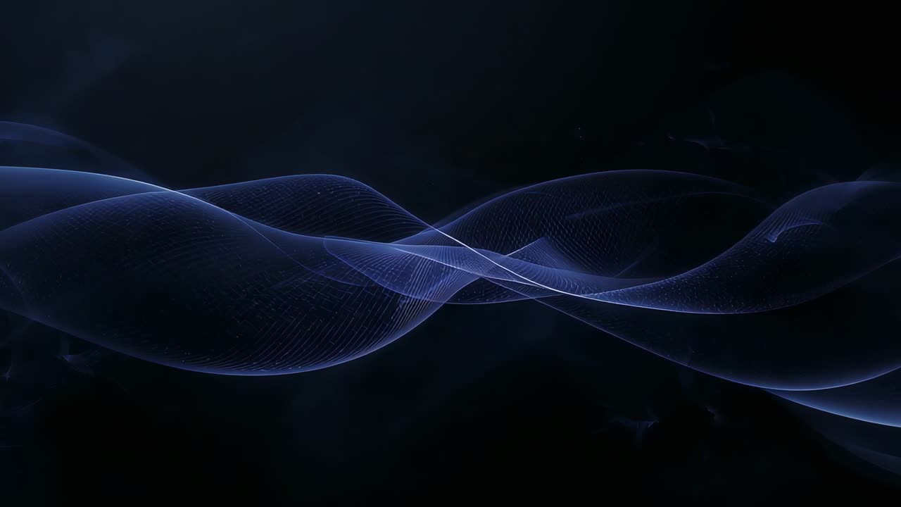 Sliding translucent violet ribbons from edges, meeting at center in dark void showing mesh lit line