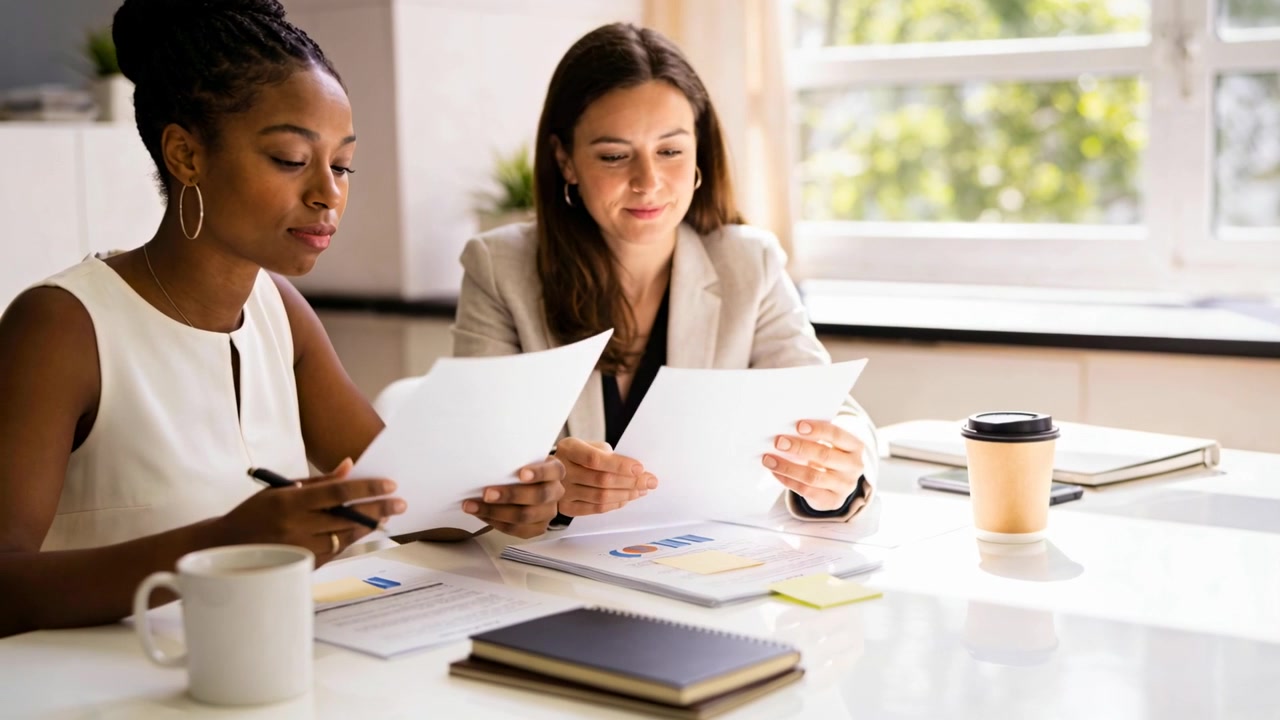 Starting meeting two women in blouse and blazer reviewing charts at table, preparing notes with pen
