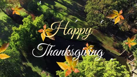 Animation-of-happy-thanksgiving-text-and-autumn-leaves-floating-against-aerial-view-of-forest-park