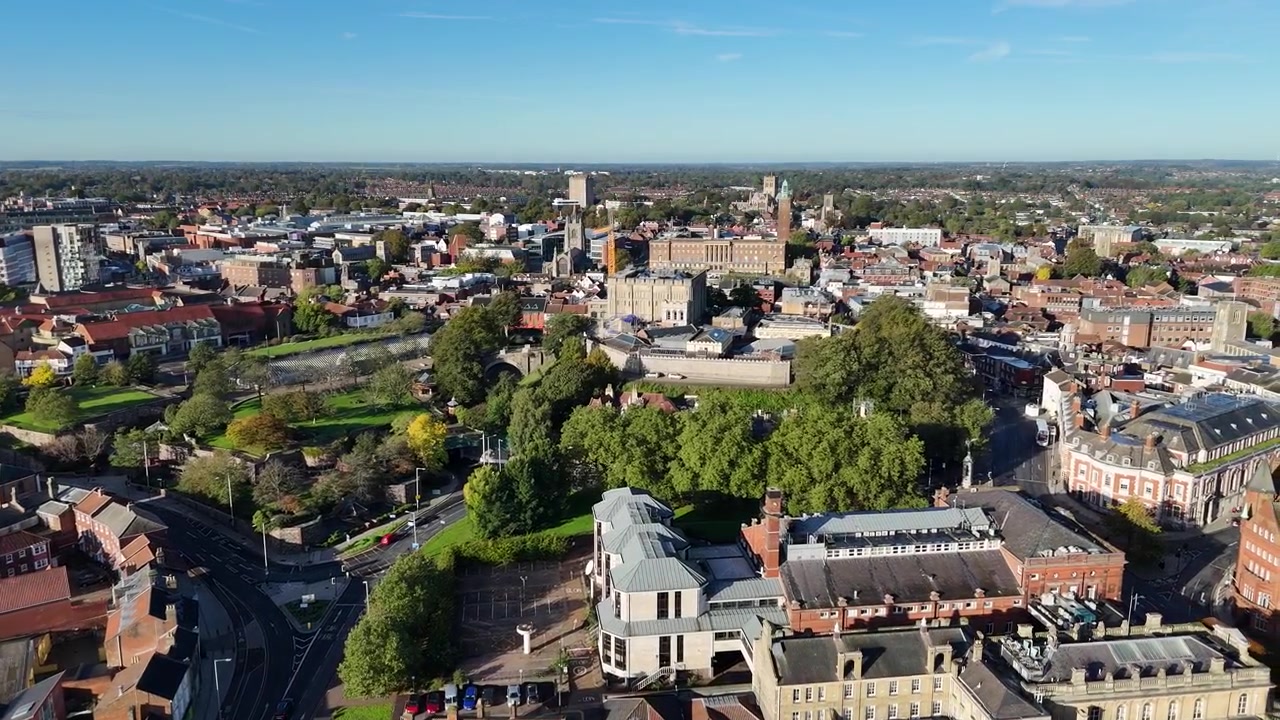 Castello di Norwich, Norfolk, Regno Unito e centro città, ripresa aerea panoramica con drone