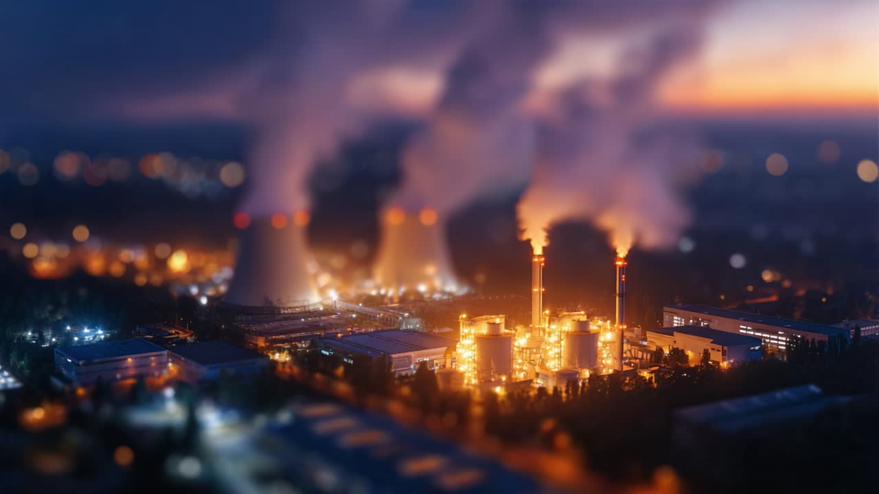 Planta de energía industrial que emite humo al anochecer: Vista aérea que capta la compleja infraestructura y maquinaria bajo un hermoso cielo vespertino.