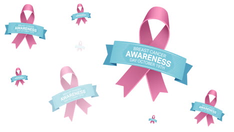 animación de varios logotipos de cinta rosa y texto sobre cáncer de mama que aparecen sobre un fondo blanco