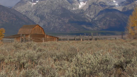 un viejo granero se eleva en una pradera con los grand tetons al fondo 3