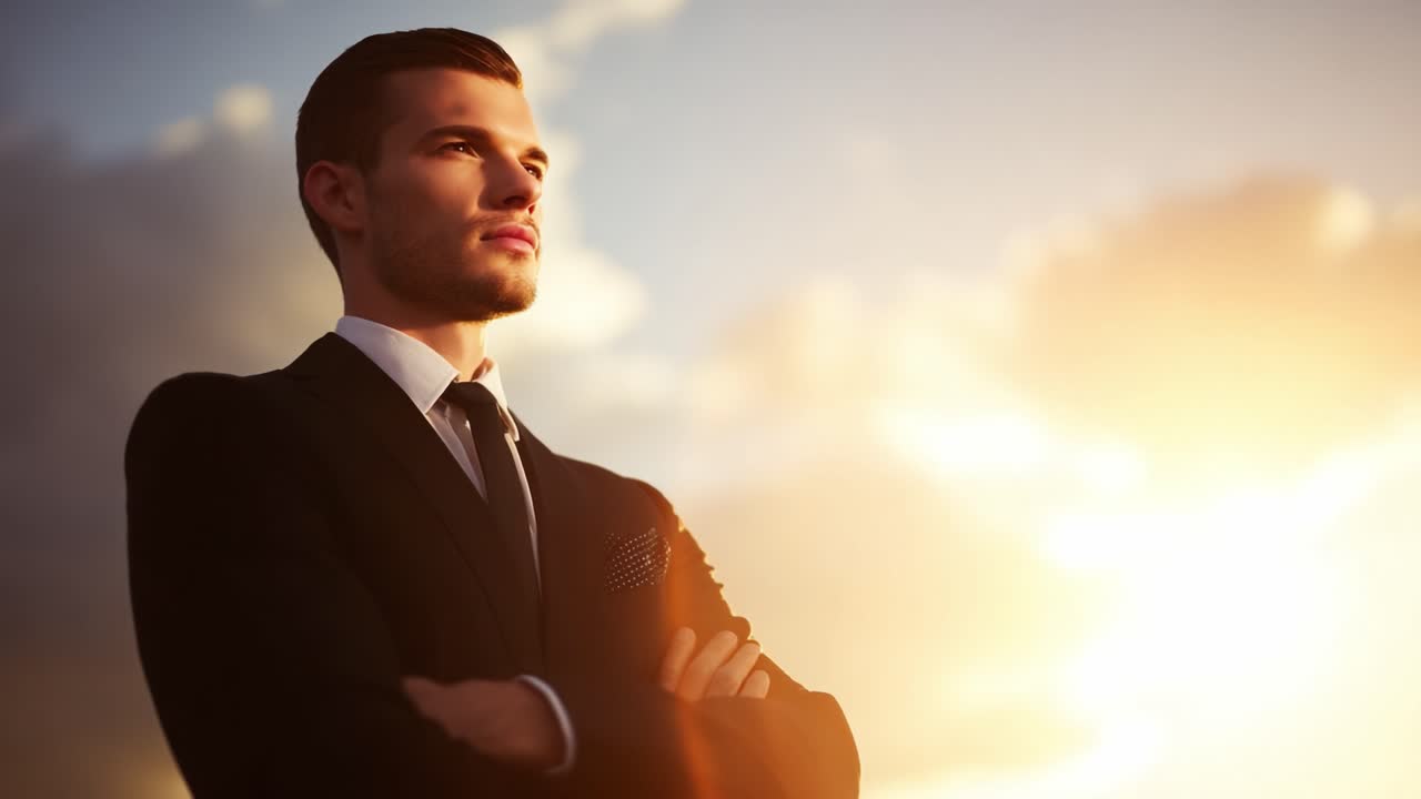 A Confident Man in a Suit Gazing Into the Horizon as the Sun Sets, Portraying Determination and Poise Against a Dramatic Sky