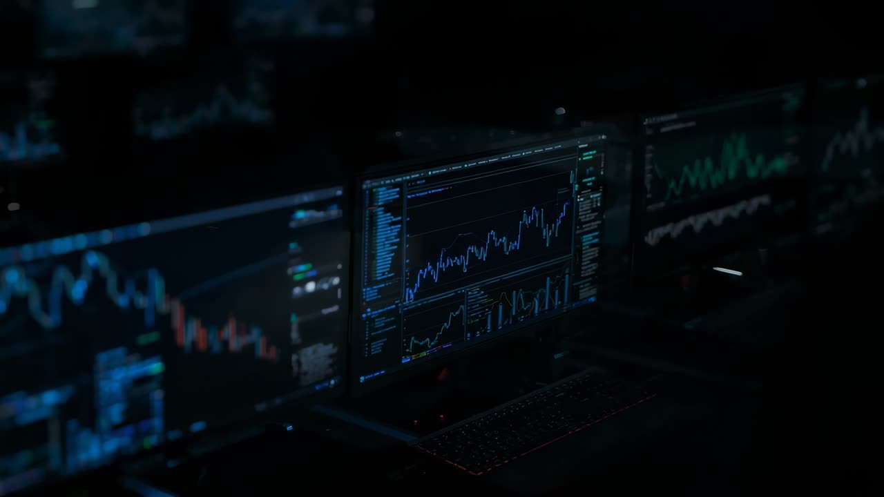 Settling camera capturing monitors updating trading charts at trading desk, tracking markets