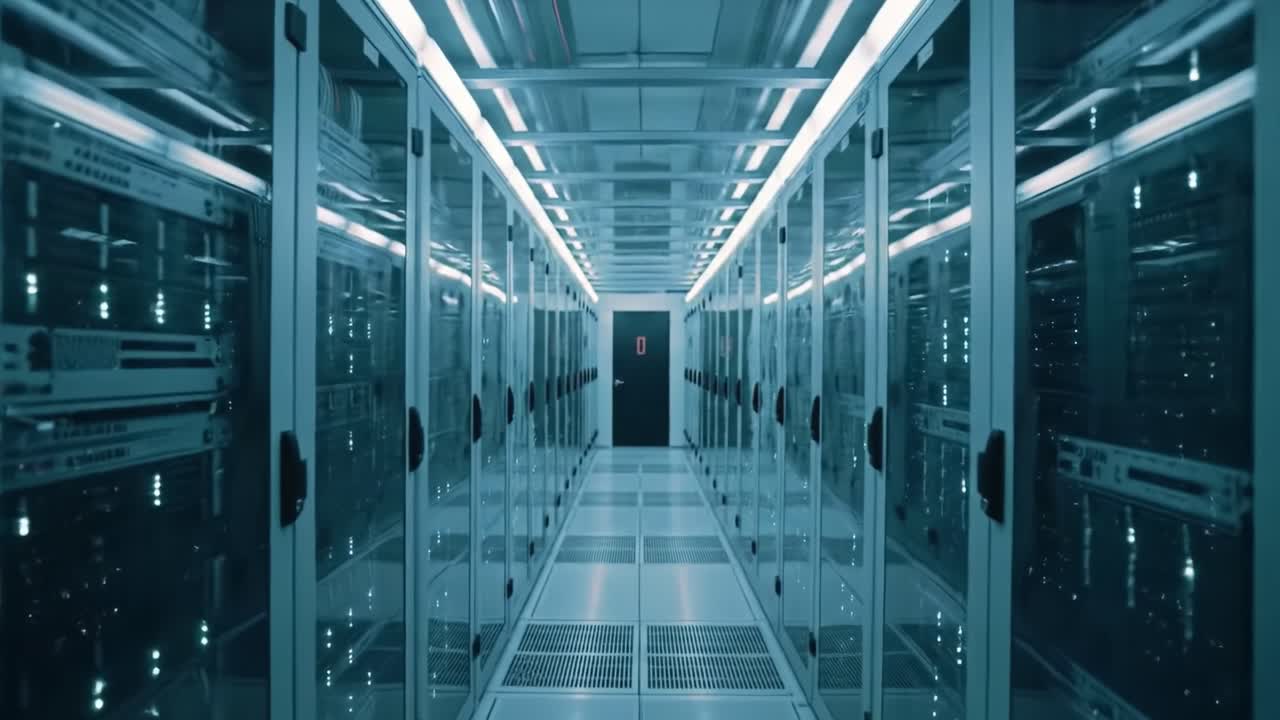 Inside a large data center, rows of shiny servers are organized in a precise alignment.