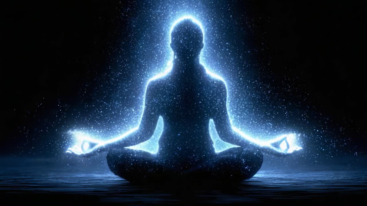Una Serena Visualizzazione per la Meditazione: Una Silhouette Circondata da Particelle Luminose Che Irradia Tranquillità ed Energia Universale in uno Spazio Mistico