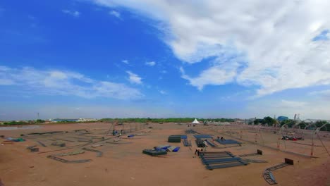 different parts of metal scaffold on the construction field, industrial doom, worker build a concert stage, stage equipment, timelapse of hugh contraction