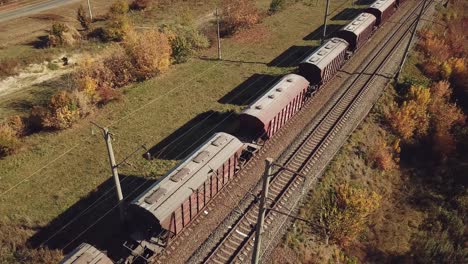 freight train with wagons is passing by rail near landings with trees on the background of fields in warm weather. aerial view
