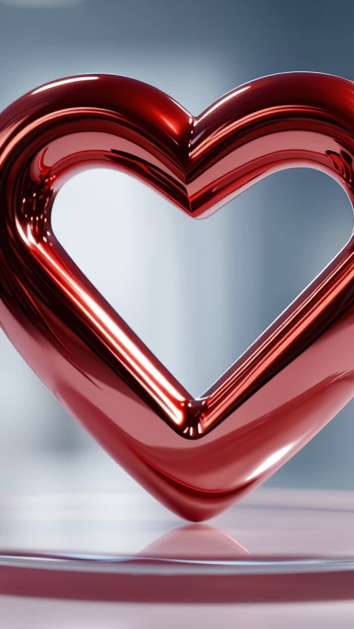 Scultura a cuore rosso brillante su una superficie riflettente, che esalta l'amore e il romanticismo in un'ambientazione contemporanea, con curve morbide e un design elegante.