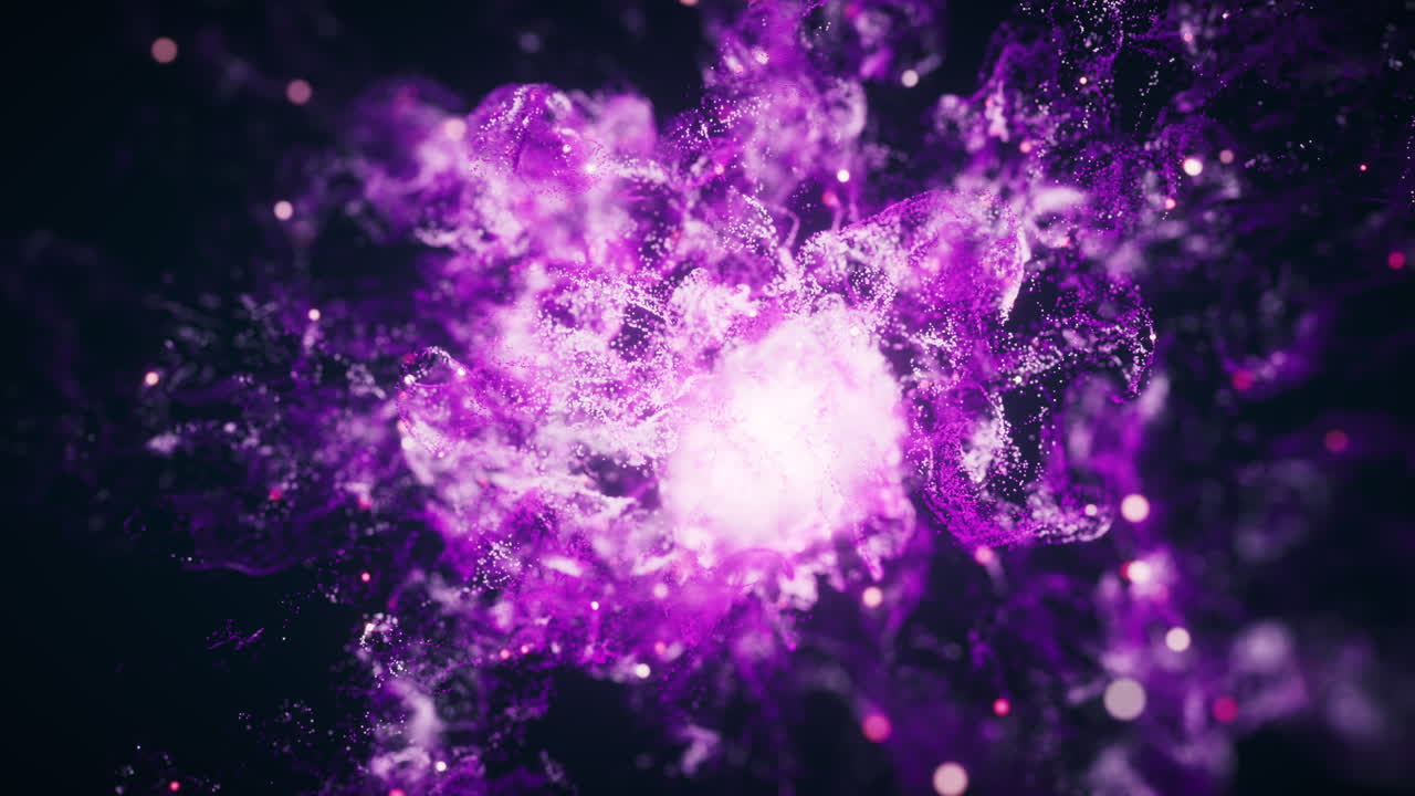 Partikel ungu yang mengalir dengan efek gelombang eksplosif, rendering 3D