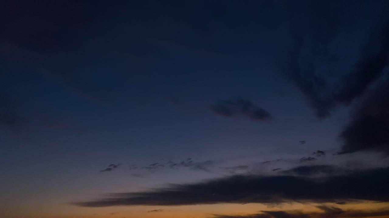 Slowly time lapse orange and blue sky, small clouds on sunset sky, keep calm and take a rest