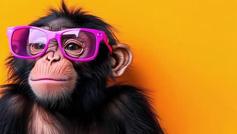 a monkey wearing pink sunglasses on a yellow background