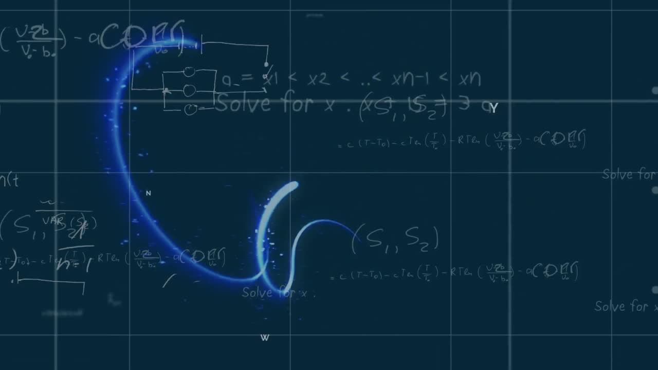 Animation of mathematical equations and data processing over black background