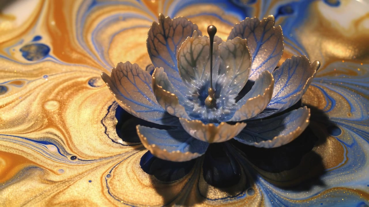 Formazione di un fiore fluido, pittura blu che sale a formare petali in un vassoio sul tavolo, con un contagocce che versa perline d'oro.