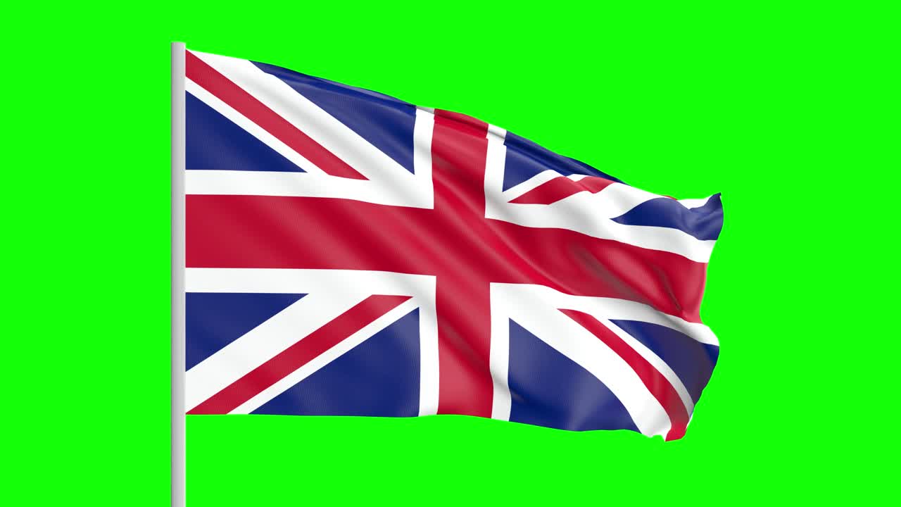 Bandiera nazionale del Regno Unito, Gran Bretagna che sventola al vento su schermo verde con mascherino alfa.