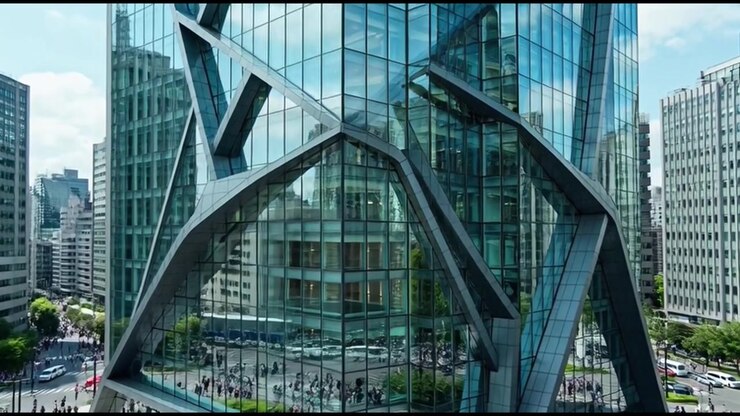 Moderno grattacielo di vetro con architettura geometrica nel centro urbano