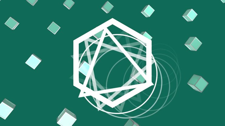Animation of triangle and 3d shapes over blue background