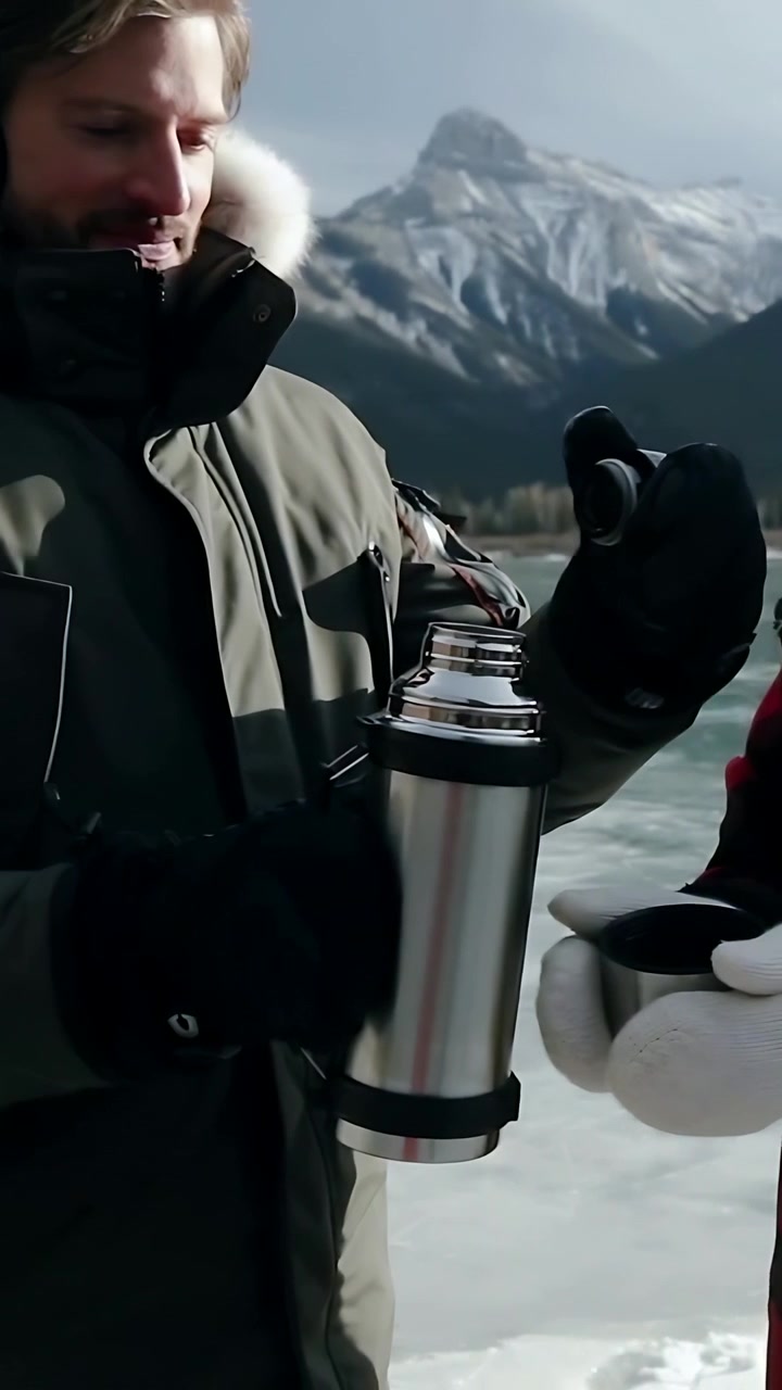 Vertical video: Pouring man unscrewing thermos lid by icy lake, filling mitten cup, warming woman