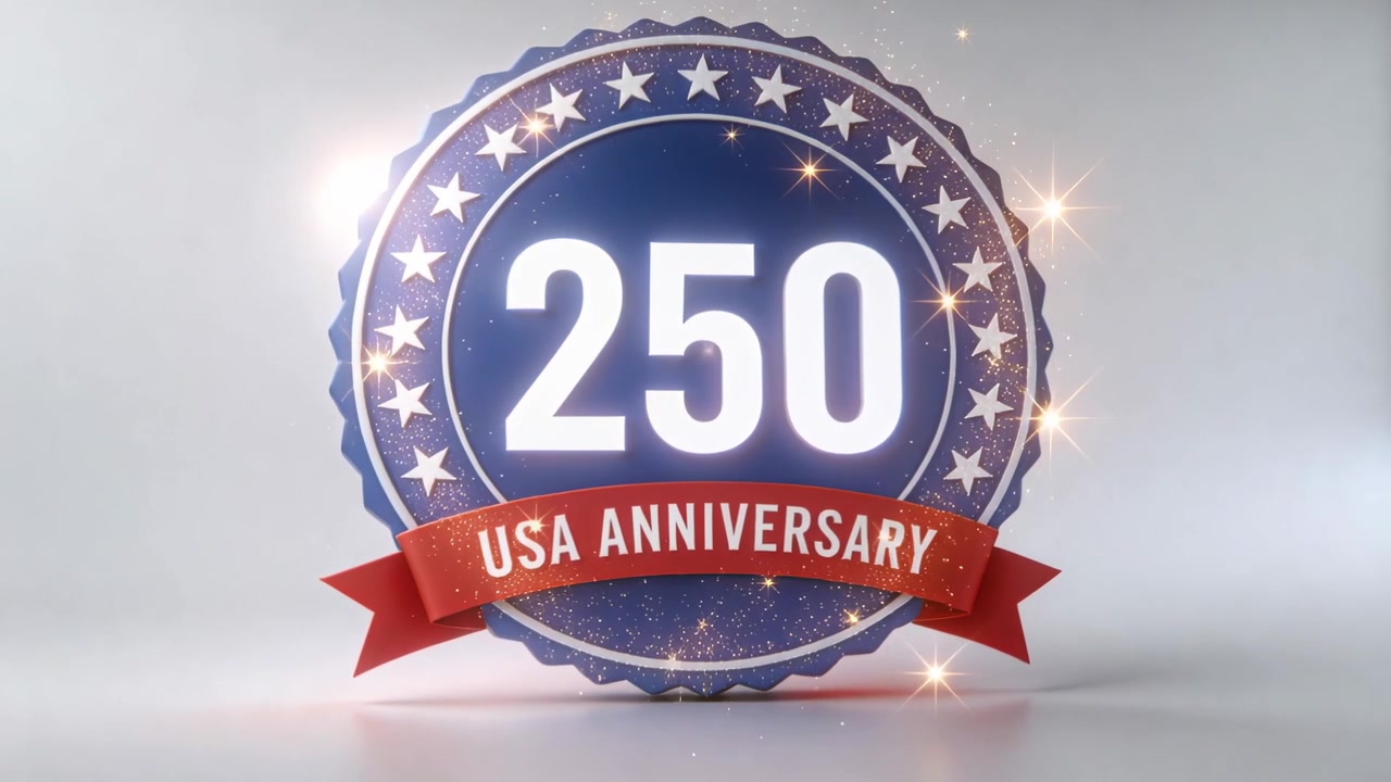 Luce intensa da sinistra che rivela un distintivo blu su un pavimento lucido, mostrando 250 e un nastro con la scritta USA ANNIVERSARY.