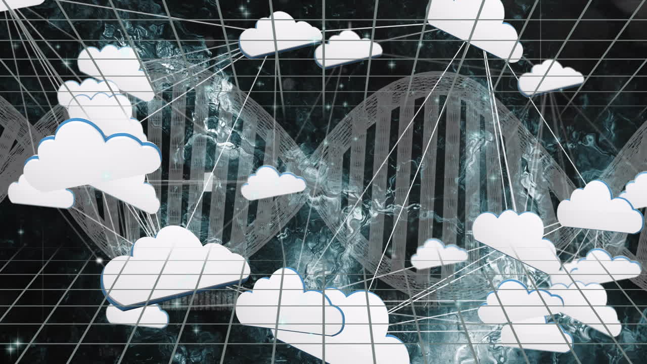 In school, animation of DNA strand connecting with cloud network on digital grid
