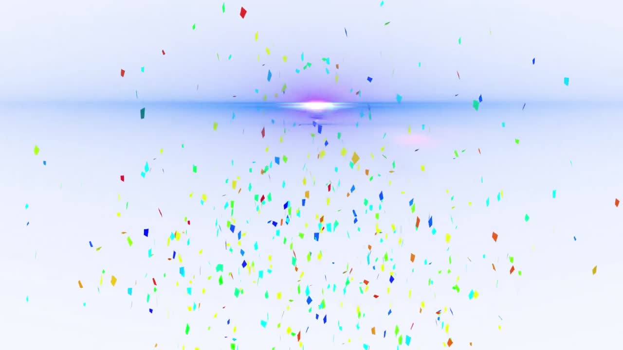 ⁇ 색 바탕에 빛의 흔적과 콘페티 위에 보라색 모양의 애니메이션