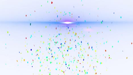 animation of purple shapes over light trails and confetti on white background