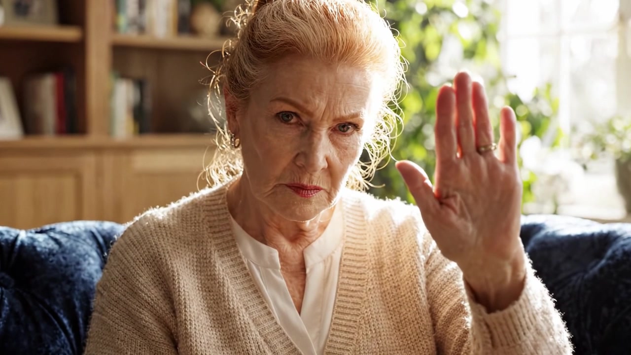A Reflective Moment: An Elderly Woman's Serious Expression and Gesture Illustrate a Complex Range of Emotions in a Warm, Sunlit Living Space