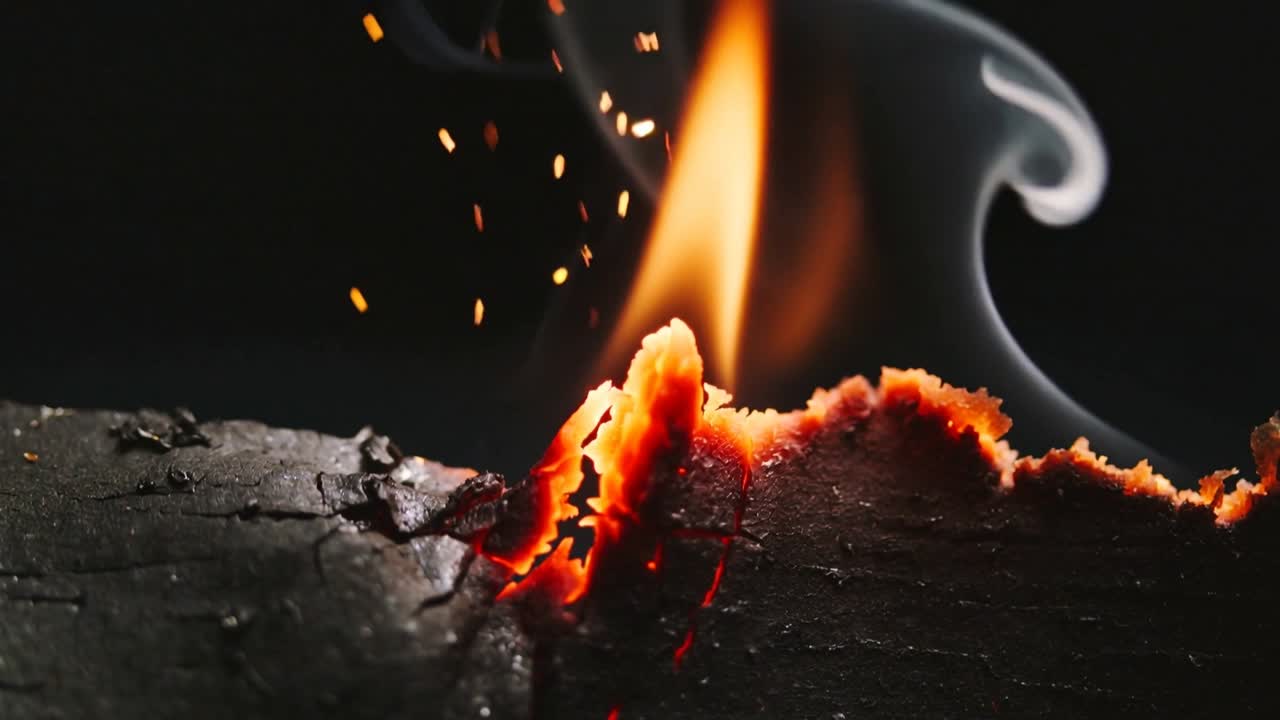 Ulmende kant på forkullet tre antenner flammer mot svart bakgrunn, avgir glør og røyk.