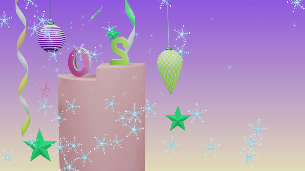 animación de copos de nieve sobre texto 2025 y decoraciones en fondo púrpura.