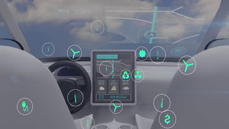 animación de una red de iconos ecológicos y ecológicos en el interior del coche