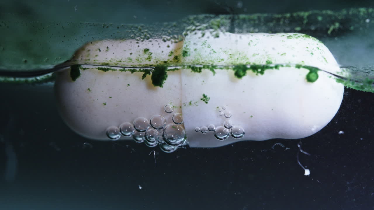 Pill dissolving in water, bubbles forming as the pill disintegrates, close-up view