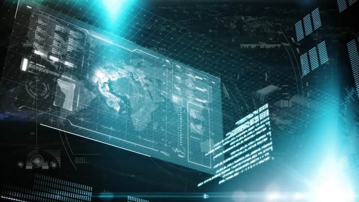 Animation of data processing on screen over cityscape