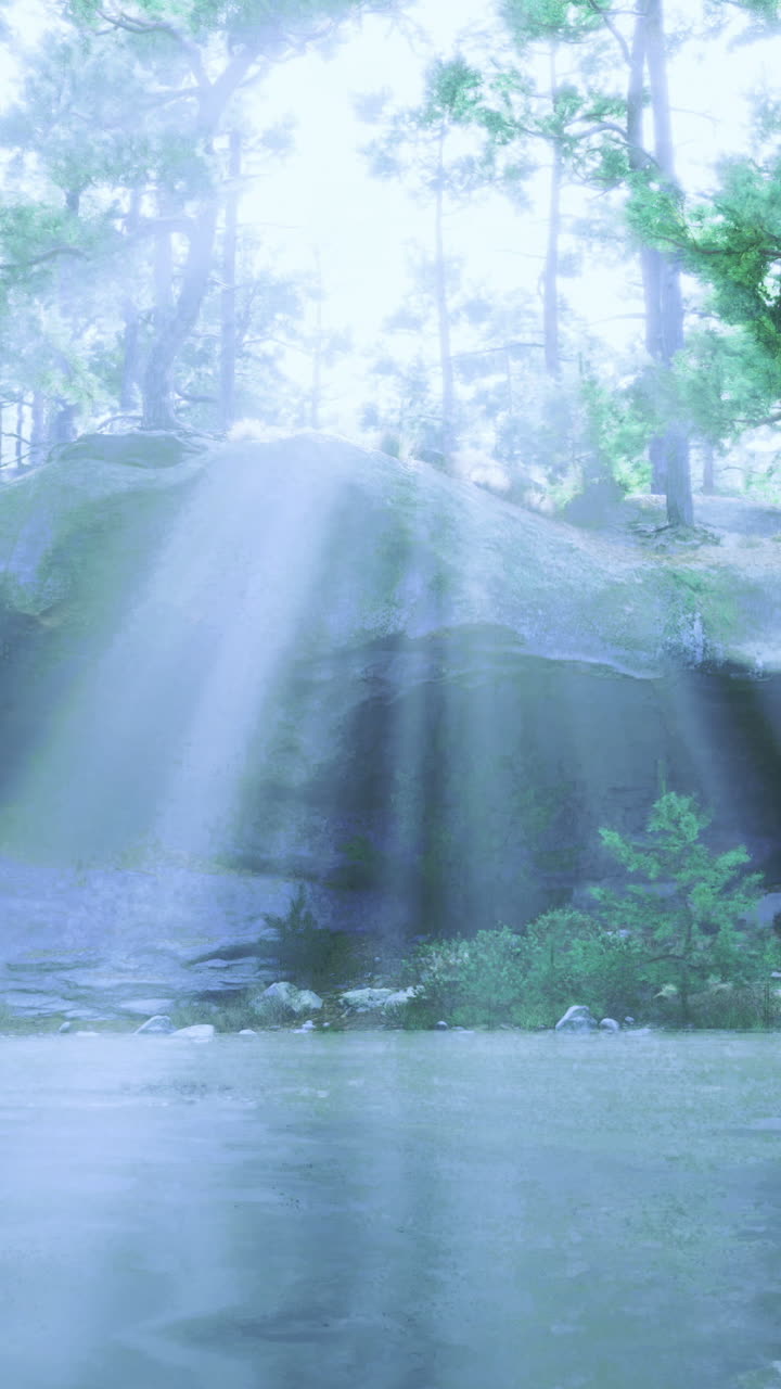 Light filtering through trees near calm water in a serene forest setting