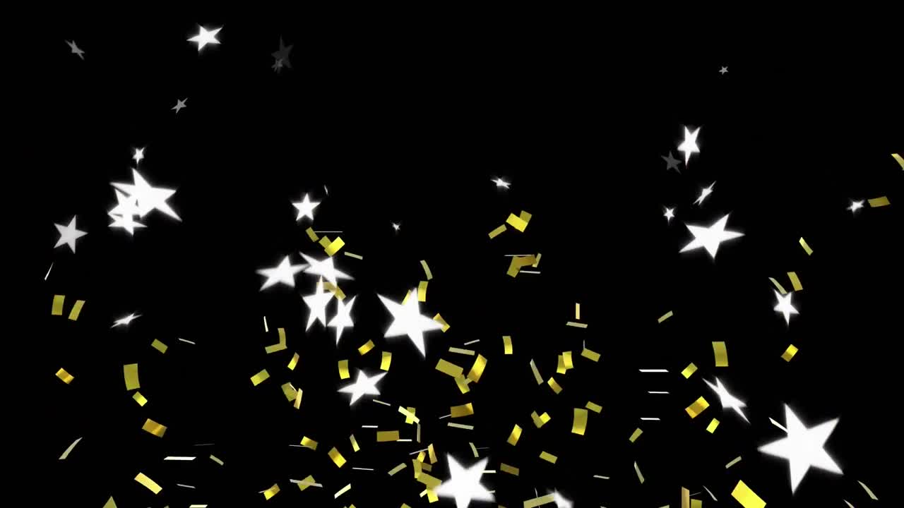 Digital animation of golden confetti falling over multiple star icons against black background