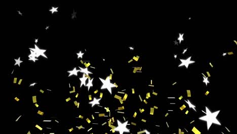 Digital-animation-of-golden-confetti-falling-over-multiple-star-icons-against-black-background