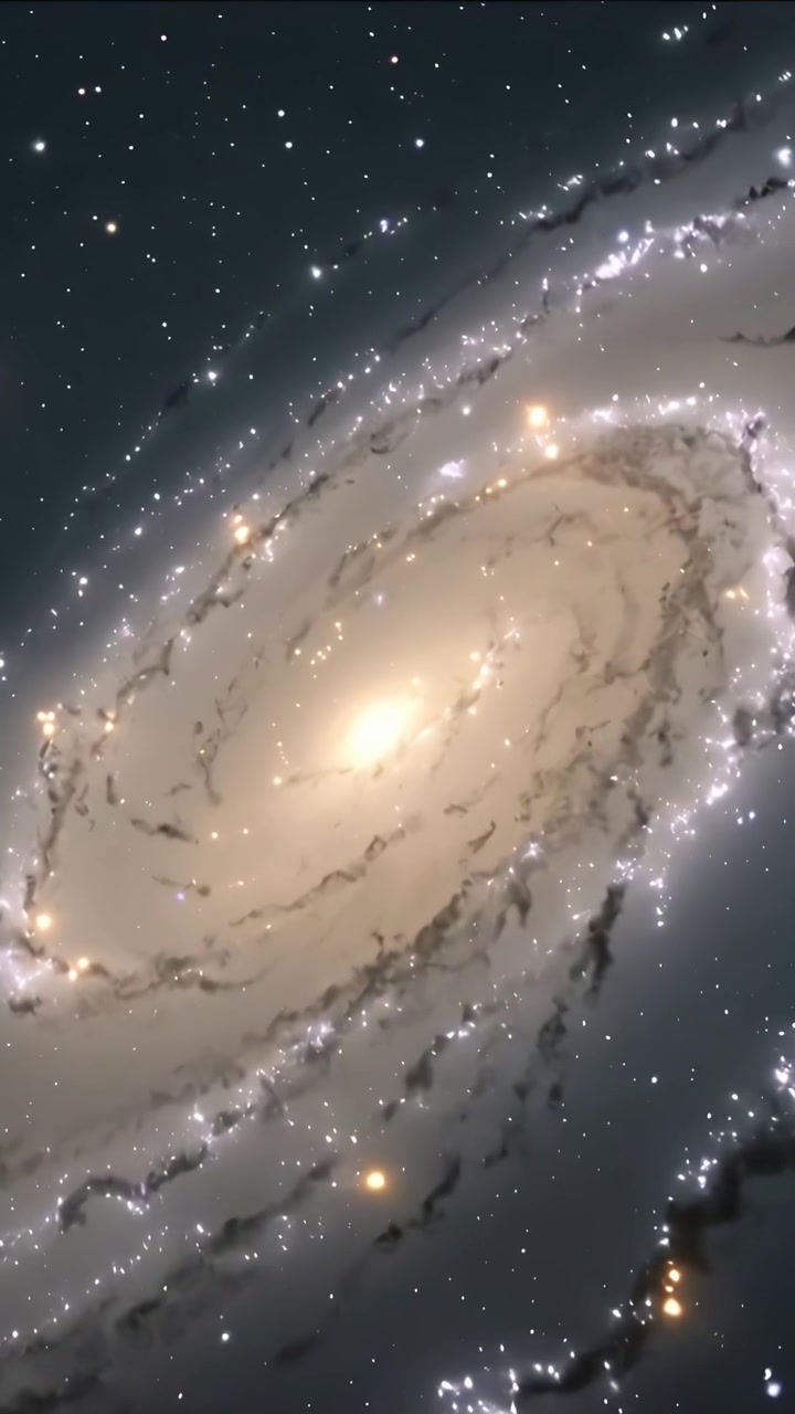 Video verticale: Telecamera panoramica che mostra una galassia a spirale nello spazio, bulge, bracci di polvere, stelle, compagna.
