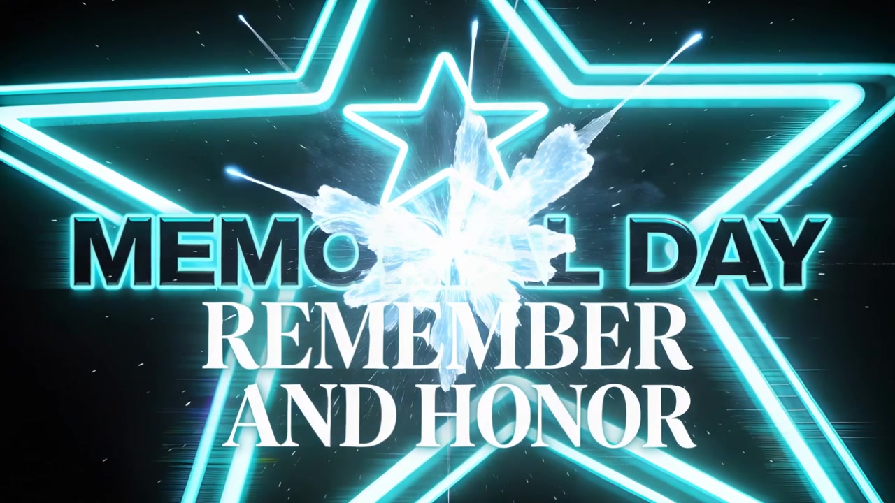 Pulsing centered title block with neon star emitting burst on black screen, revealing MEMORIAL DAY