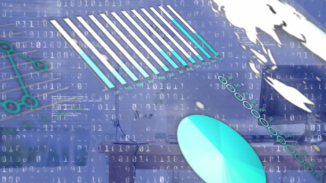 Statistical and binary coding data processing against office table in background