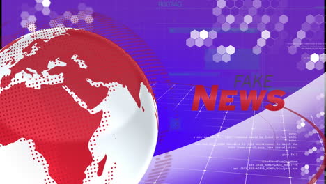 animation of fake news text banner and spinning globe against data processing on purple background