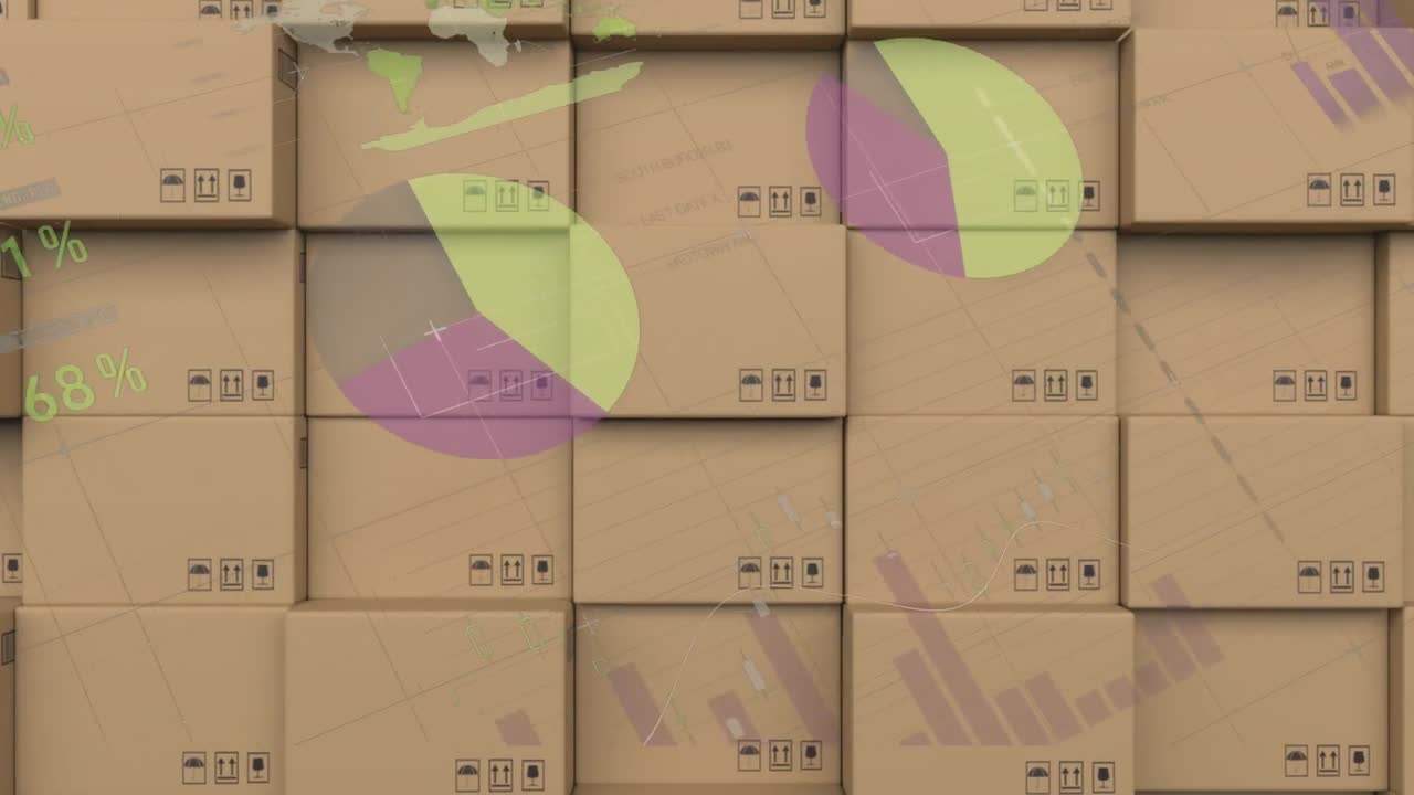 배경에 있는 카드보드 상자  ⁇ 어리 위에서 통계 처리의 애니메이션