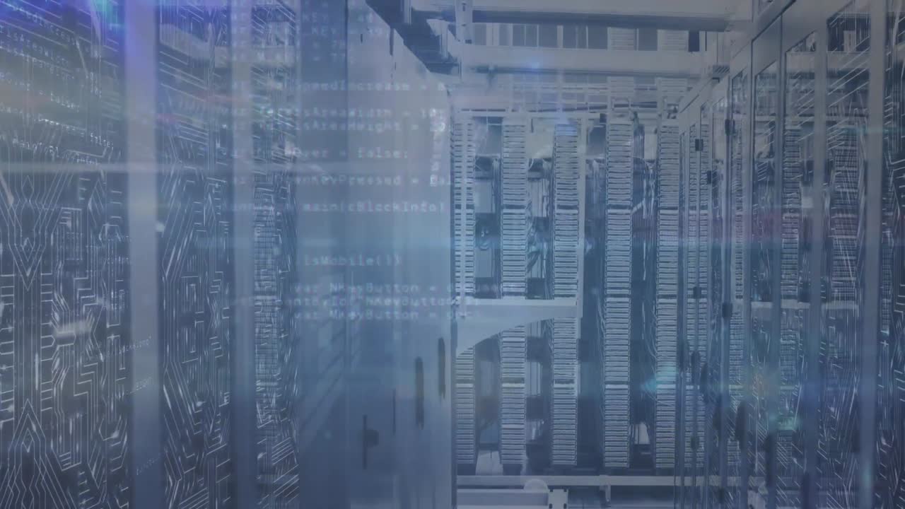Animation of blue light trails and data processing against empty computer server room