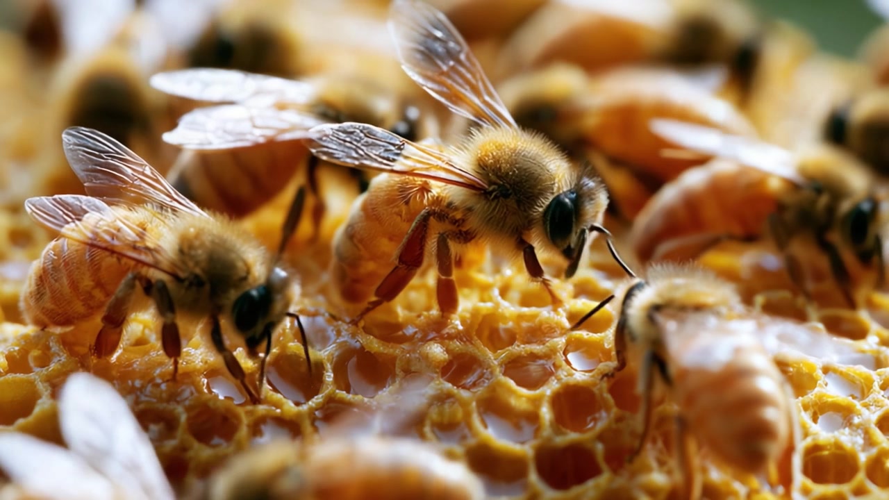 Un primo piano di api operose che raccolgono nettare e impollinano all'interno del loro alveare, mettendo in mostra il loro ruolo essenziale nell'equilibrio dell'ecosistema.