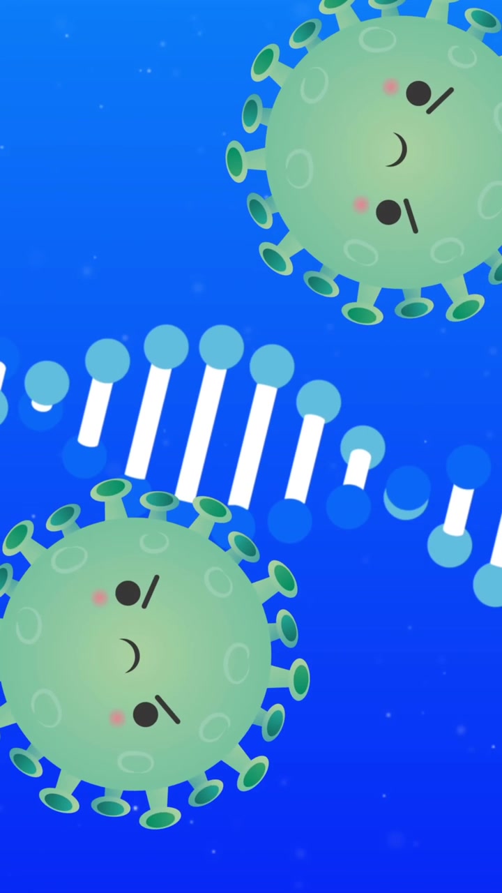 Animation af aggressive covid-19-celler, der bevæger sig over en roterende DNA-streng
