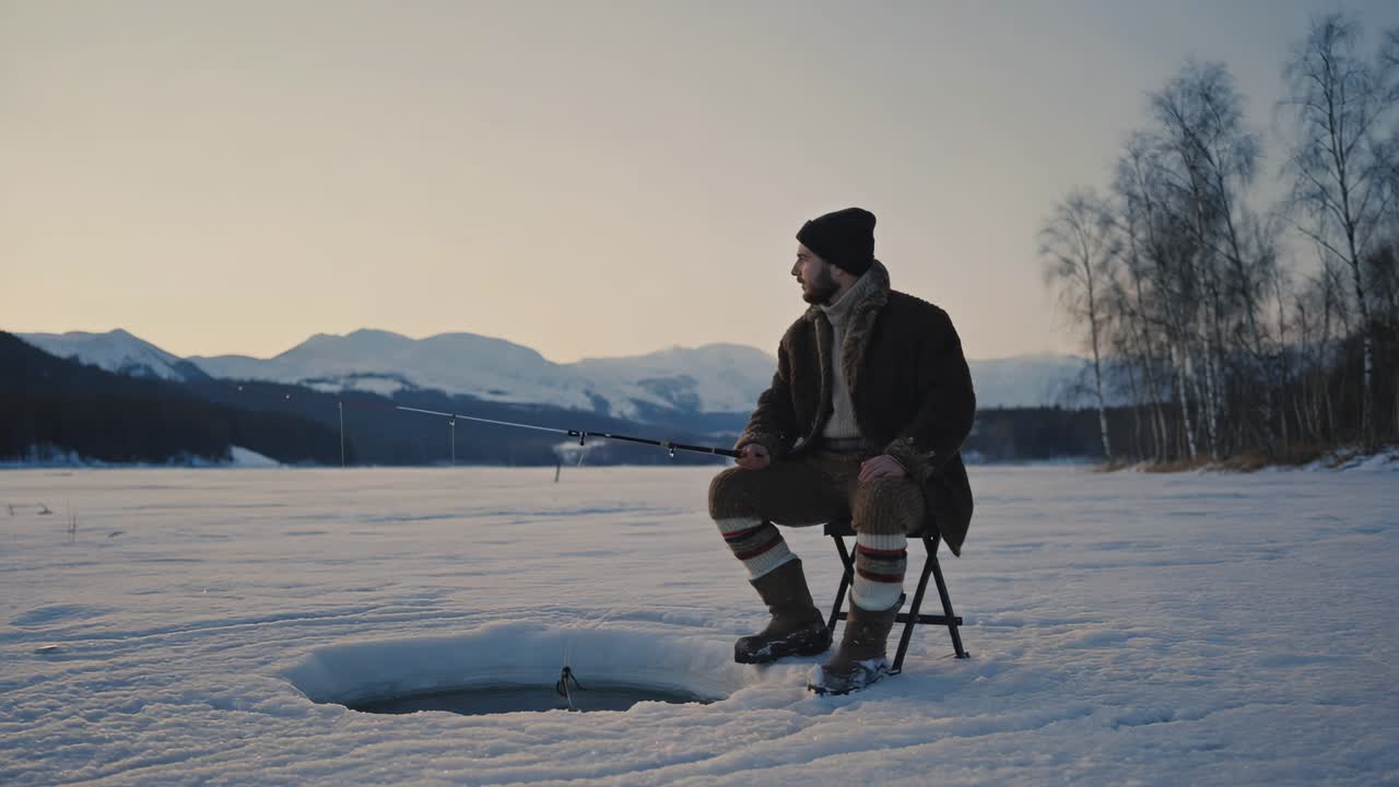 Ice Fisherman on Frozen Lake