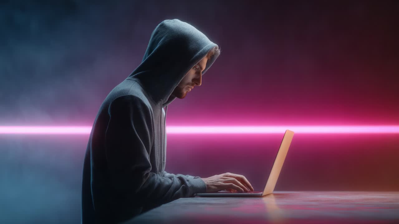A focused individual in a hoodie works intently on a laptop, surrounded by a vibrant neon background, embodying the essence of modern digital engagement and concentration