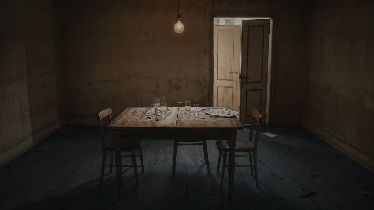 Soaking up light from ajar door, wood table holding glasses, cloth in dim room, bare bulb