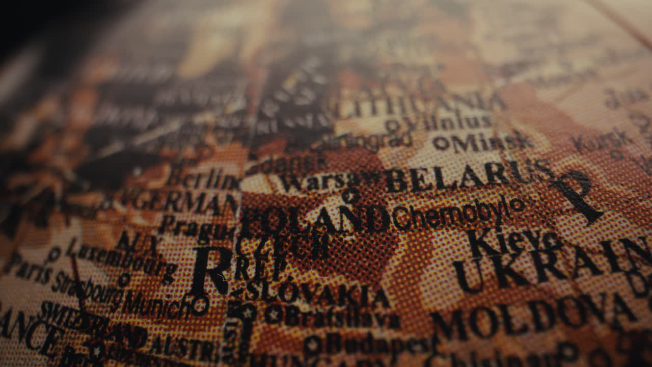 Close-up of a vintage world map focusing on Eastern Europe