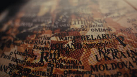 close-up of a vintage world map focusing on eastern europe