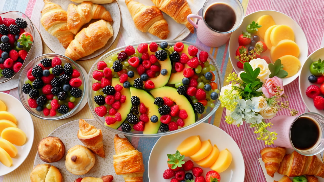 Colorful Breakfast Spread With Fruit Featuring Glass Platter Of Sliced Mango And Mixed Berries, Golden